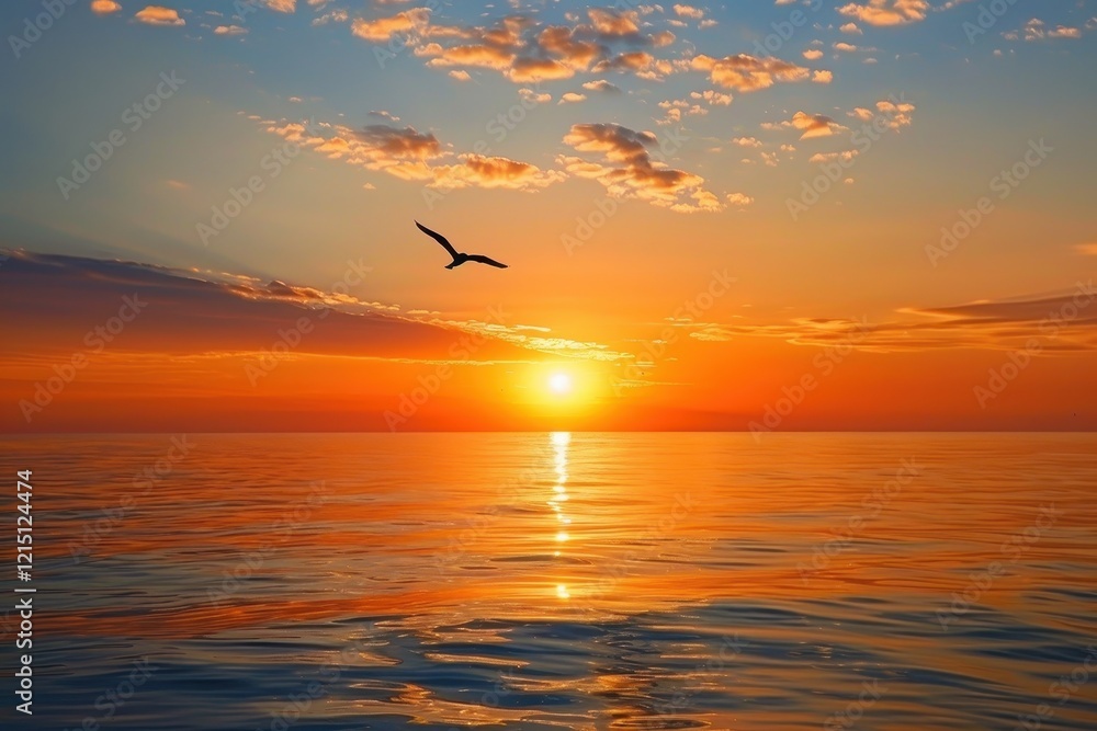 Aufkleber vibrant sunset over calm ocean waters with colorful clouds reflecting on the surface in a peaceful e