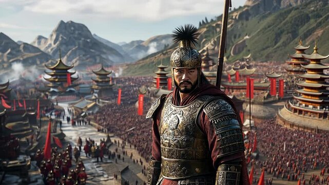A fierce warrior from ancient Chinese civilization showcases strength and leadership, standing tall before a mass of troops. The backdrop reveals stunning mountains and vibrant banners.
