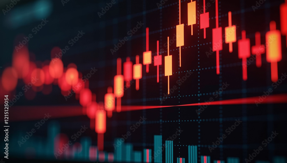 Poster dynamic trading moment with candlestick chart showing volatile market highlighted by glowing red can