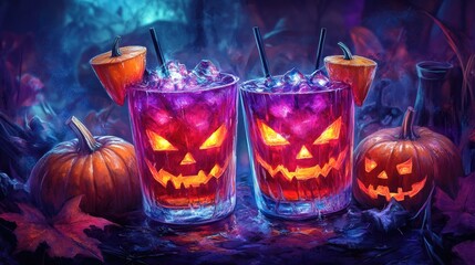 A haunting Halloween scene featuring two cocktails in clear glasses with green liquid and a salted rim, set against a foggy backdrop.