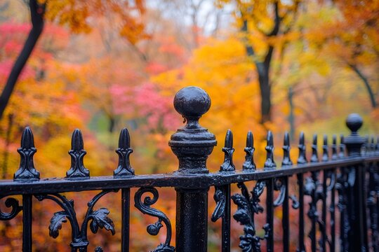 Wrought iron fence in Central Park during peak fall foliage season