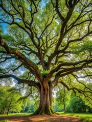 Obraz premium Majestic Old Tree with Sprawling Branches in a Lush Green Forest