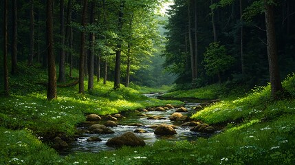 Obraz premium Serene Forest Scene with Lush Greenery and Flowing Stream