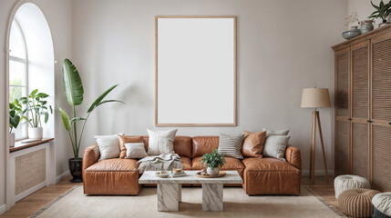 Fototapeta premium Poster mockup on living room wall. Modern interior design.
