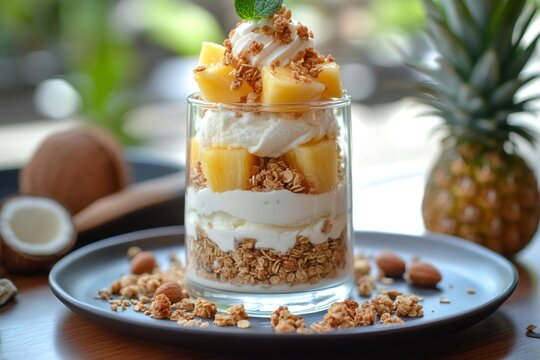 Delicious pineapple parfait layered with granola and yogurt garnished with mint