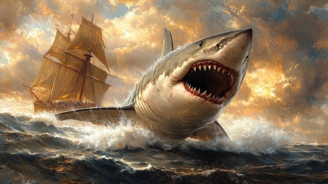 Great white shark attacks sailing ship at sunset