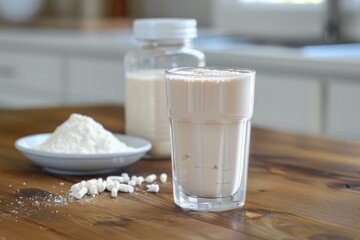 Glass of protein shake with protein powder and casein protein on wooden table in modern kitchen
