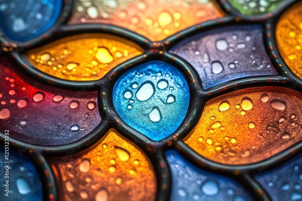 Poster colorful stained glass window with water drops creating a beautiful abstract pattern