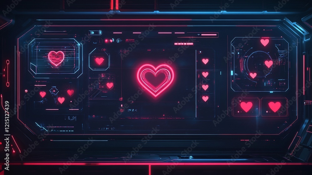 Poster futuristic love interface display screen with glowing red heart symbols on a dark background