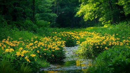 Obraz premium Tranquil Stream Surrounded by Lush Greenery and Bright Yellow Flowers