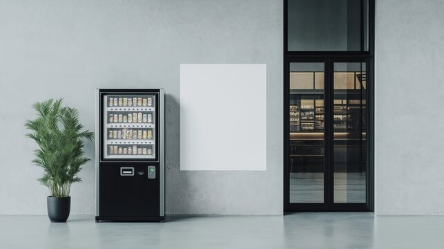 Modern vending machine next to coffee shop. Blank white screen mockup for advertising. Urban setting. Minimalist design. Convenience, tech combo. Stylish, functional. Great for retail commercial use.