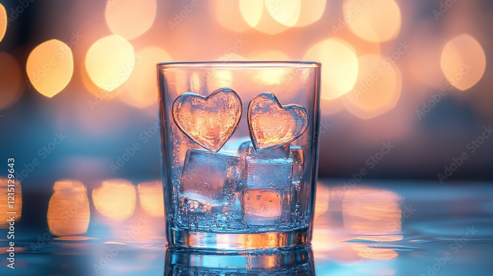 Poster two heart-shaped ice cubes in a glass with regular ice cubes and bokeh background