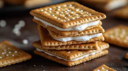 A stack of four rectangular matzo pieces rests on a rustic wooden board,