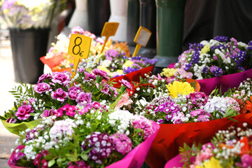 Flowers for sale in a flower stall in Barcelona Spain on the most famous street, Las Rambla