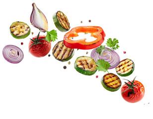 falling grilled vegetables isolated on white background, cutout