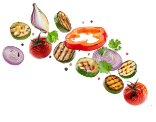 falling grilled vegetables isolated on white background, cutout