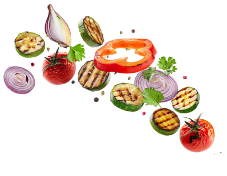 falling grilled vegetables isolated on white background, cutout