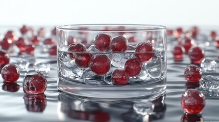 Chilled cherries in glass bowl, ice, reflective surface