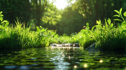Naklejka premium Serene Stream Flowing Through Lush Greenery in Bright Sunshine