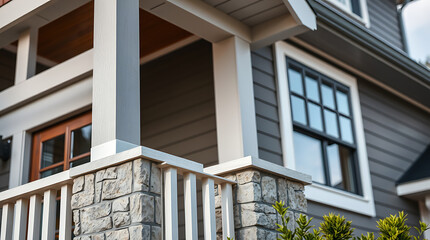 Fototapeta premium Modern House Exterior Design: Grey Siding, Stone Accents, and White Trim