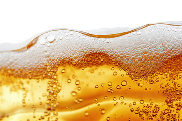 Close-up of golden beer with foam and bubbles, isolated on transparent cutout background