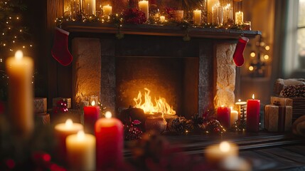 Cozy holiday living room featuring a brick fireplace with a warm fire,