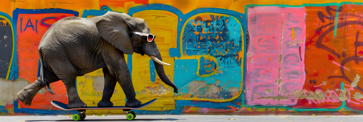 Elephant on Skateboard with Sunglasses in Urban Graffiti Setting - Whimsical Frontier of Imagination and Creativity