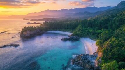 Bay at sunset, with diverse landscapes of mountains, forests, and sandy beaches all visible along the coast