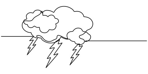 Continuous Line Drawing of Anxiety Icon. Hand Drawn Symbol Vector Illustration, Continuous one line editable drawing of thundercloud and lightning. Concept of sadness in inclement weather , depression