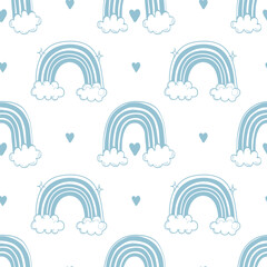 Seamless pattern with rainbows with clouds, stars and hearts. Cute pastel background, hand drawn illustration.