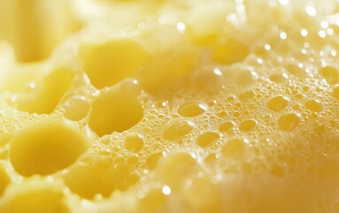 Macro shot of bright yellow foamy bubbles, showing delicate reflections and soft glowing highlights