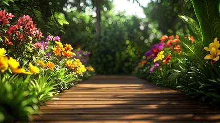 Serene Wooden Pathway Through Vibrant Blooming Garden Flowers