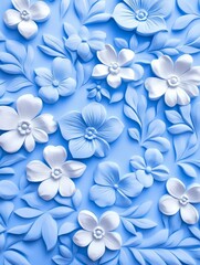 Blue and White Floral Embossing - Intricate blue and white embossed flowers and leaves create a beautiful and elegant floral pattern. Perfect for backgrounds or decorative prints.