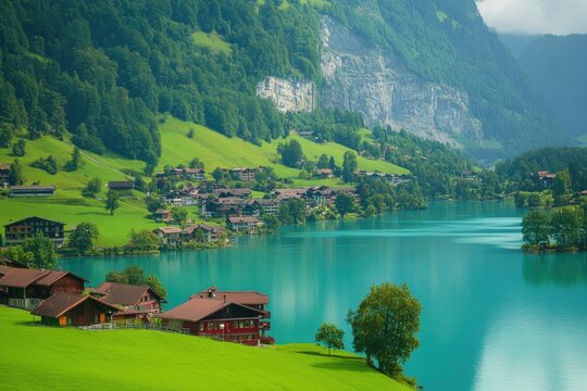 Scenic Electric Red Train Journey Through Lungern: A Charming Swiss Village Surrounded by Emerald Grass and Turquoise Lake