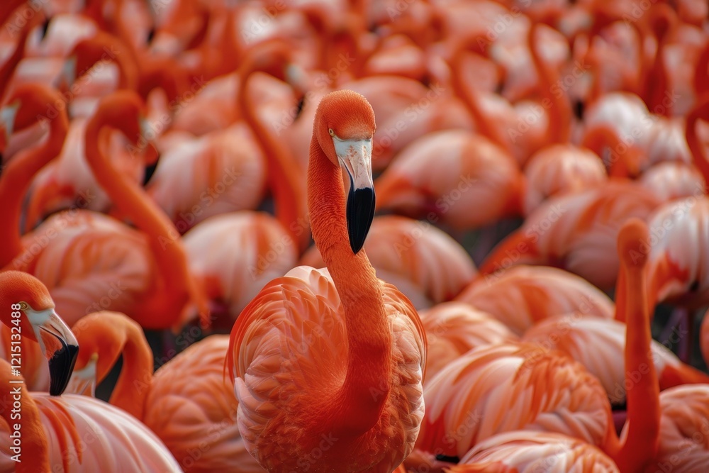 Poster close up of a pink flamingo standing out from a large flock of other flamingos, creating a striking 