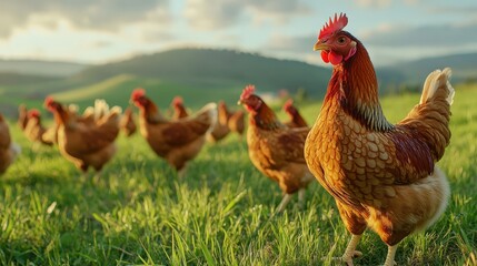 Fototapeta premium hen and chicks in the grass on the farm. Selective focus