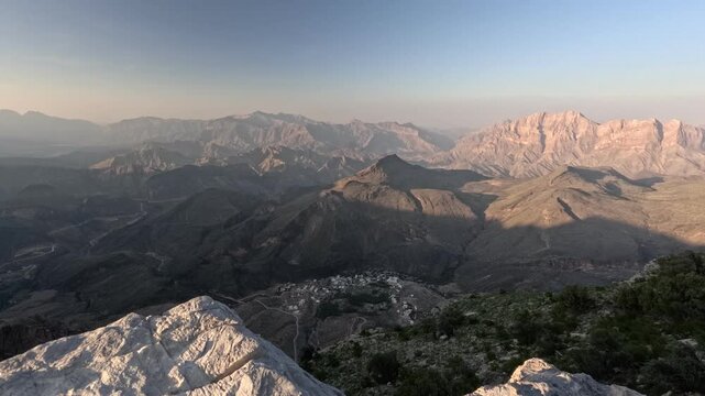 Sunset Omani Mountains at Jabal Akhdar in Al Hajar Mountains, Oman at sunset. This place is 2000 meters above sea level.