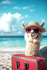 Fototapeta premium Llama with suitcase on the beach. Selective focus