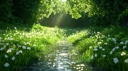 Serene Stream Flowing Through Lush Green Forest with Bright Sunlight