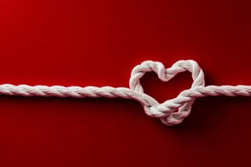 Heart-shaped knot crafted from white rope on vibrant red background embodies deep feelings of love and connection