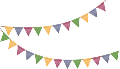 Carnival colored garlands and bunting. Festive triangle flags on rope for decoration of party, holiday, event, festive, celebration. Colorful pennants for banner, flyer, template Vector design element