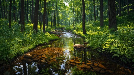 Serene Forest Stream Surrounded by Lush Greenery and Sunlight