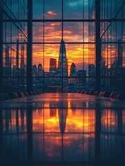 Sunset cityscape view from a conference room.