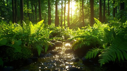 Obraz premium Serene Forest Stream Surrounded by Lush Green Ferns and Trees