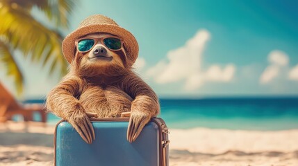 Sloth with suitcase on the beach. Selective focus