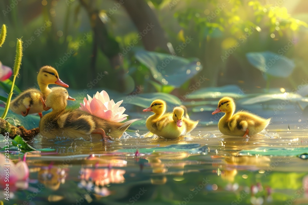 Poster cute ducklings waddle through a refreshing puddle on a sunny day surrounded by greenery and sparklin