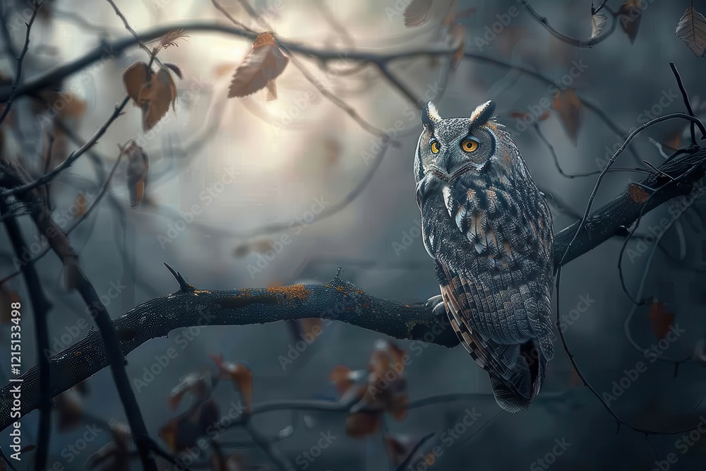 Aufkleber wise owl perched on a branch in a misty forest during twilight, surrounded by fading autumn leaves a