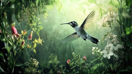 Fototapeta premium Graceful Hummingbird Soaring in Nature's Embrace: A Tiny Marvel Amidst Blooming Flowers