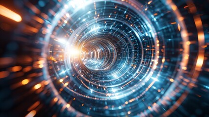 Obraz premium Futuristic Digital Tunnel, Technology Background With Glowing Neon Lights And Data Flow, 3D Render