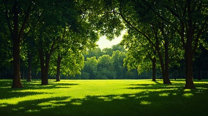 Fototapeta premium Lush Green Park Scene with Sunlight Filtering Through the Trees